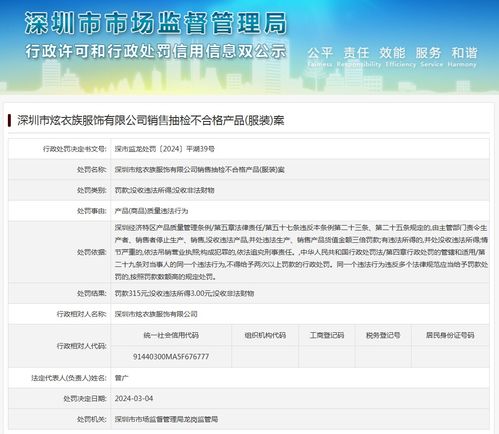 深圳市炫衣族服飾銷售抽檢不合格產品 服裝 案